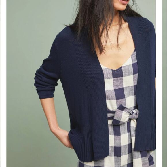 Anthropologie Navy Blue Ribbed Knit Banlieue Peplum Open Cardigan Sweater - Picture 2 of 11